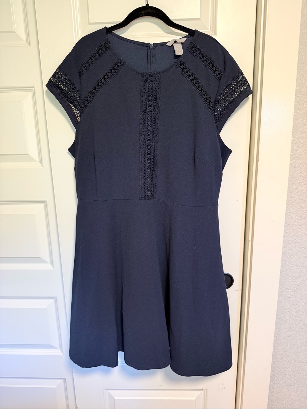 H&M Navy Blue Short Sleeve Lace-Trim Fit & Flare Dress